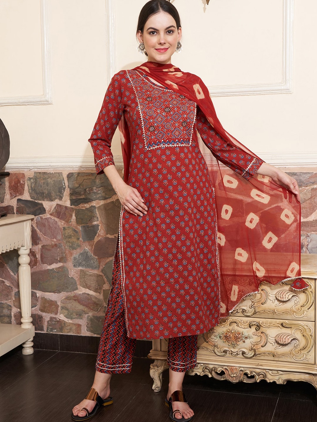 Sangria Maroon Ethnic Motifs Printed Mirror Work Pure Cotton Kurta with Trousers & Dupatta - Distacart