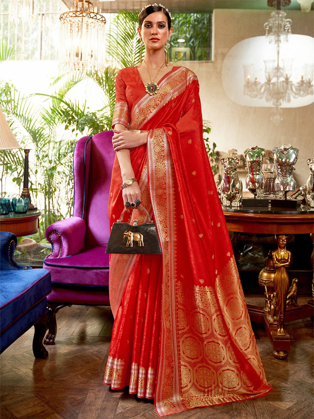 Mitera Red & Gold-Toned Woven Design Zari Silk Blend Banarasi Saree - Distacart