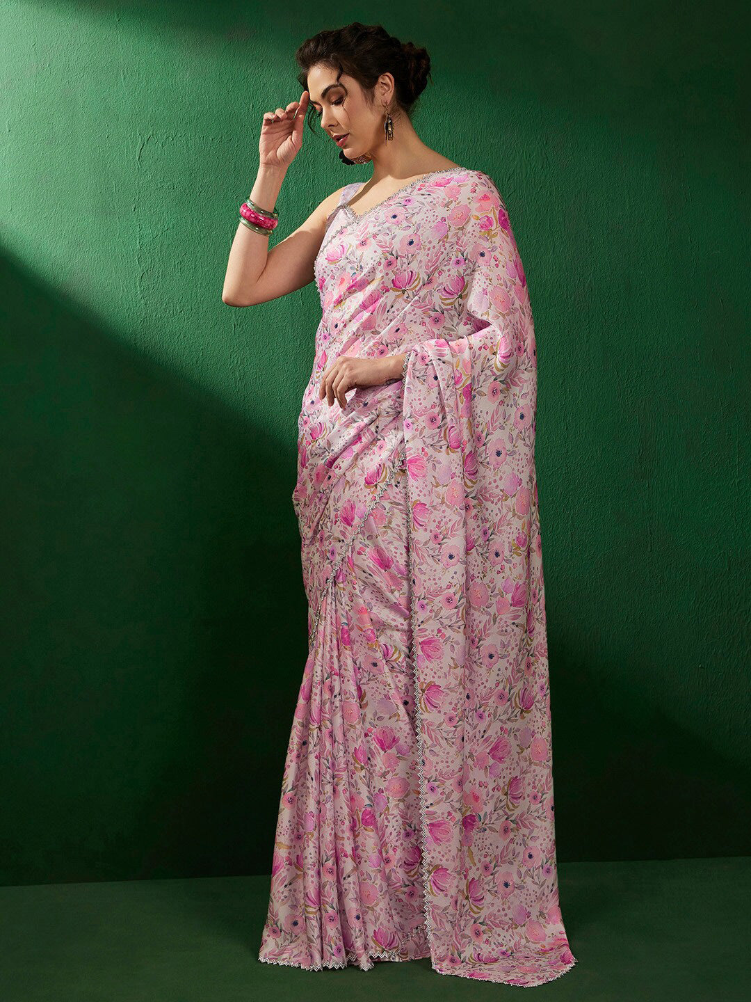 Sangria Floral Embellished Satin Saree - Distacart