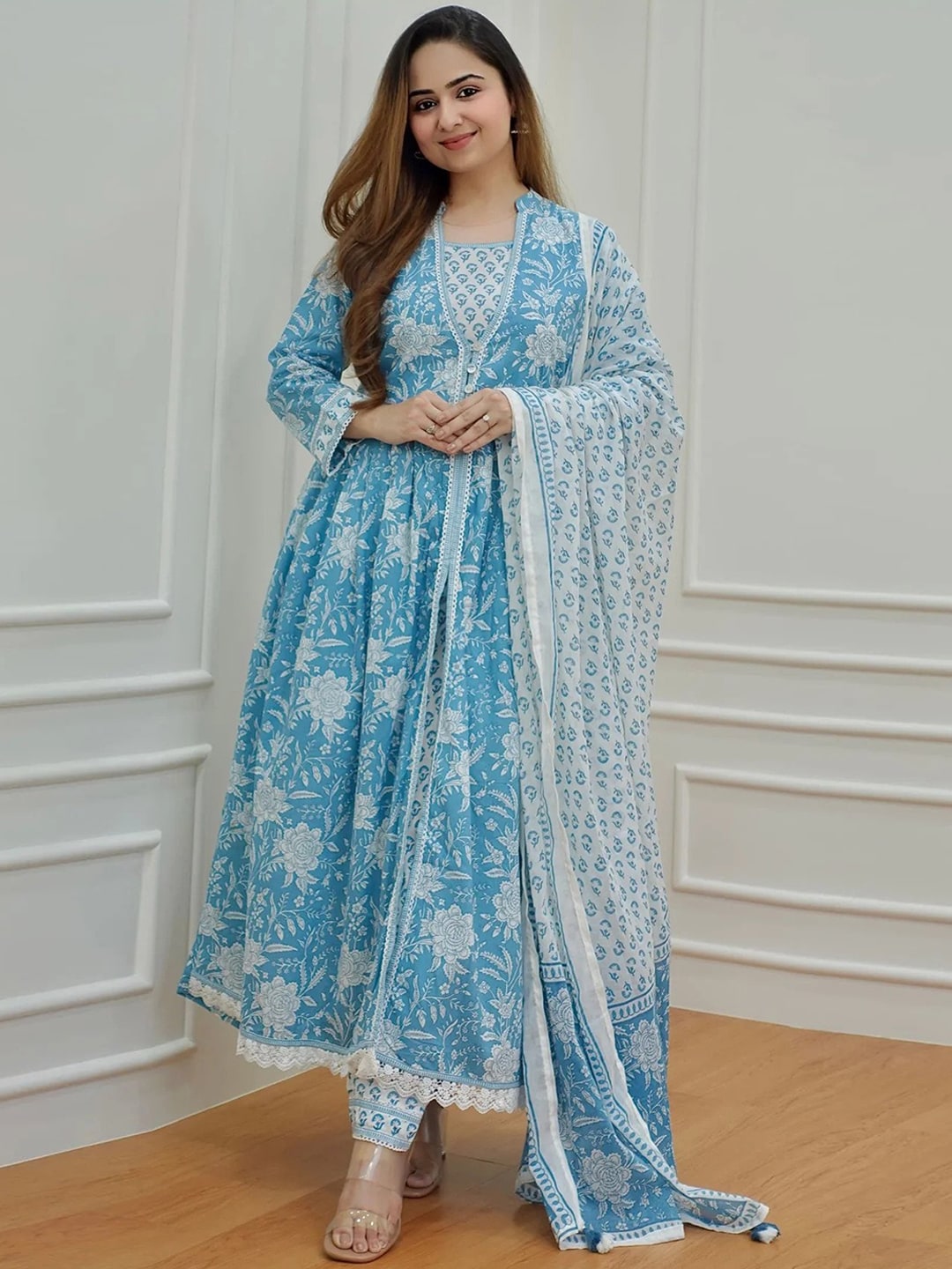 Kalini Floral Printed Sequinned Pure Cotton Kurta & Trousers With Dupatta - Distacart