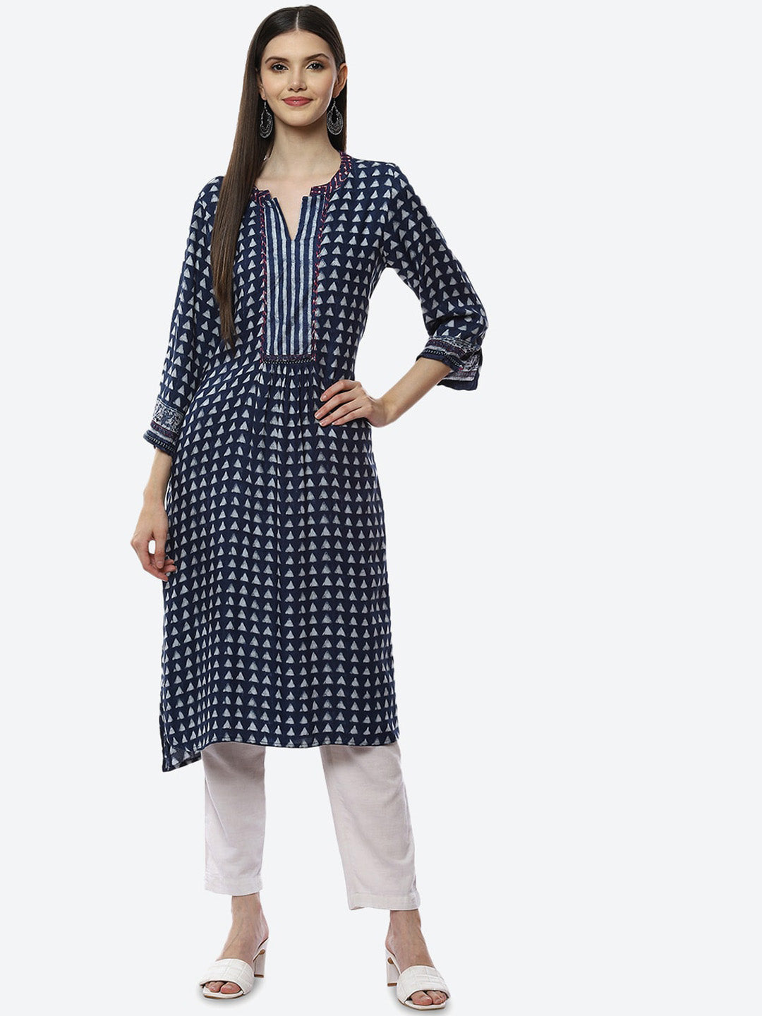 Biba Women Blue Geometric Printed Keyhole Neck Flared Sleeves Thread Work Kurta - Distacart