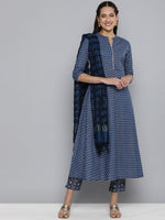 Thumbnail for HERE&NOW Women Navy Blue Ethnic Motifs Printed Pure Cotton Kurta with Trousers & With Dupatta - Distacart