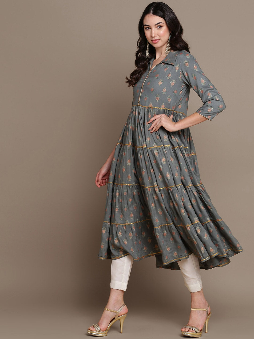 HERE&NOW Ethnic Motifs Printed Shirt Collar Tiered Pure Cotton A-Line Kurta - Distacart