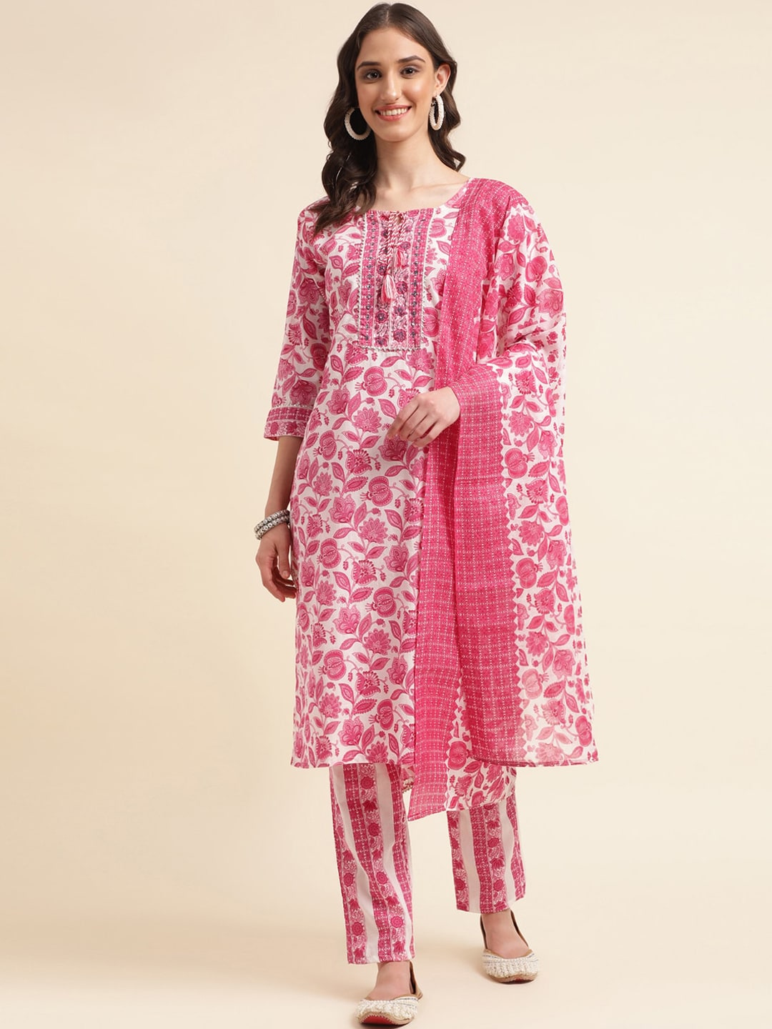 Sangria Pink & White Floral Printed Pure Cotton Straight Kurta With Trouser & Dupatta - Distacart