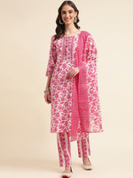 Thumbnail for Sangria Pink & White Floral Printed Pure Cotton Straight Kurta With Trouser & Dupatta - Distacart