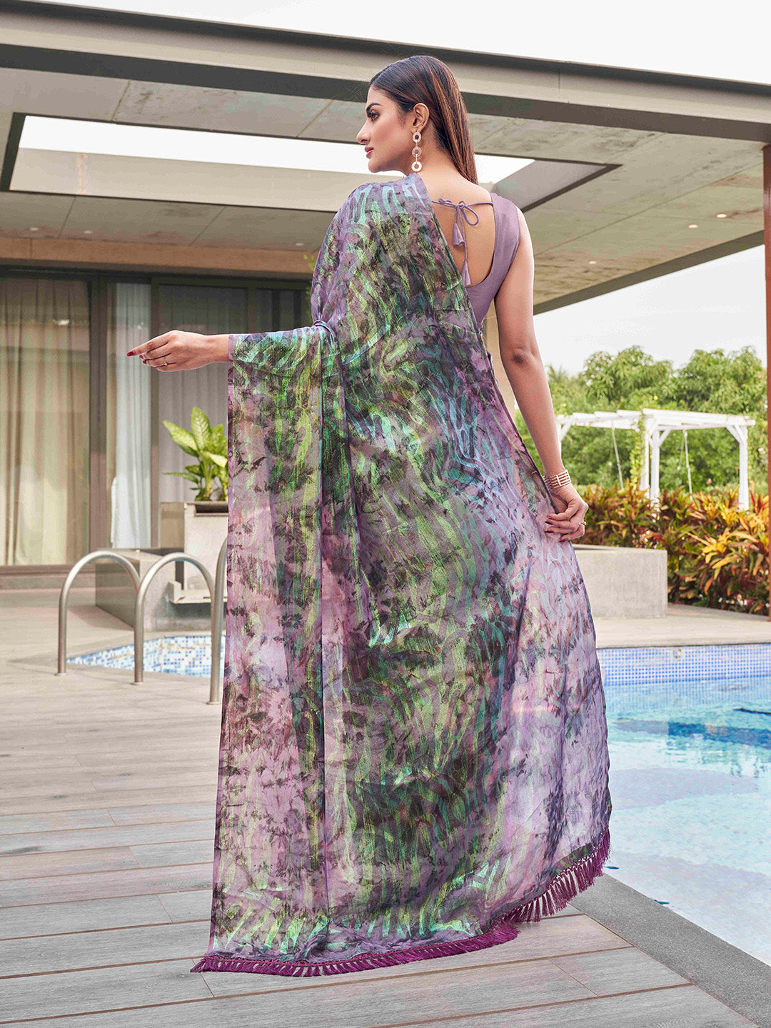 Tikhi Imli Mauve Abstract Printed Satin Half and Half Saree - Distacart