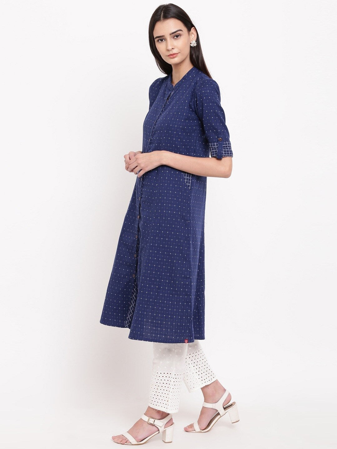Biba Women Navy Blue Printed Pure Cotton Kurti with Trousers - Distacart