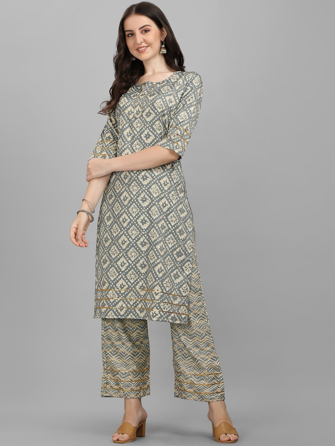 HERE&NOW Women Grey Ethnic Motifs Printed Kurta With Palazzos - Distacart