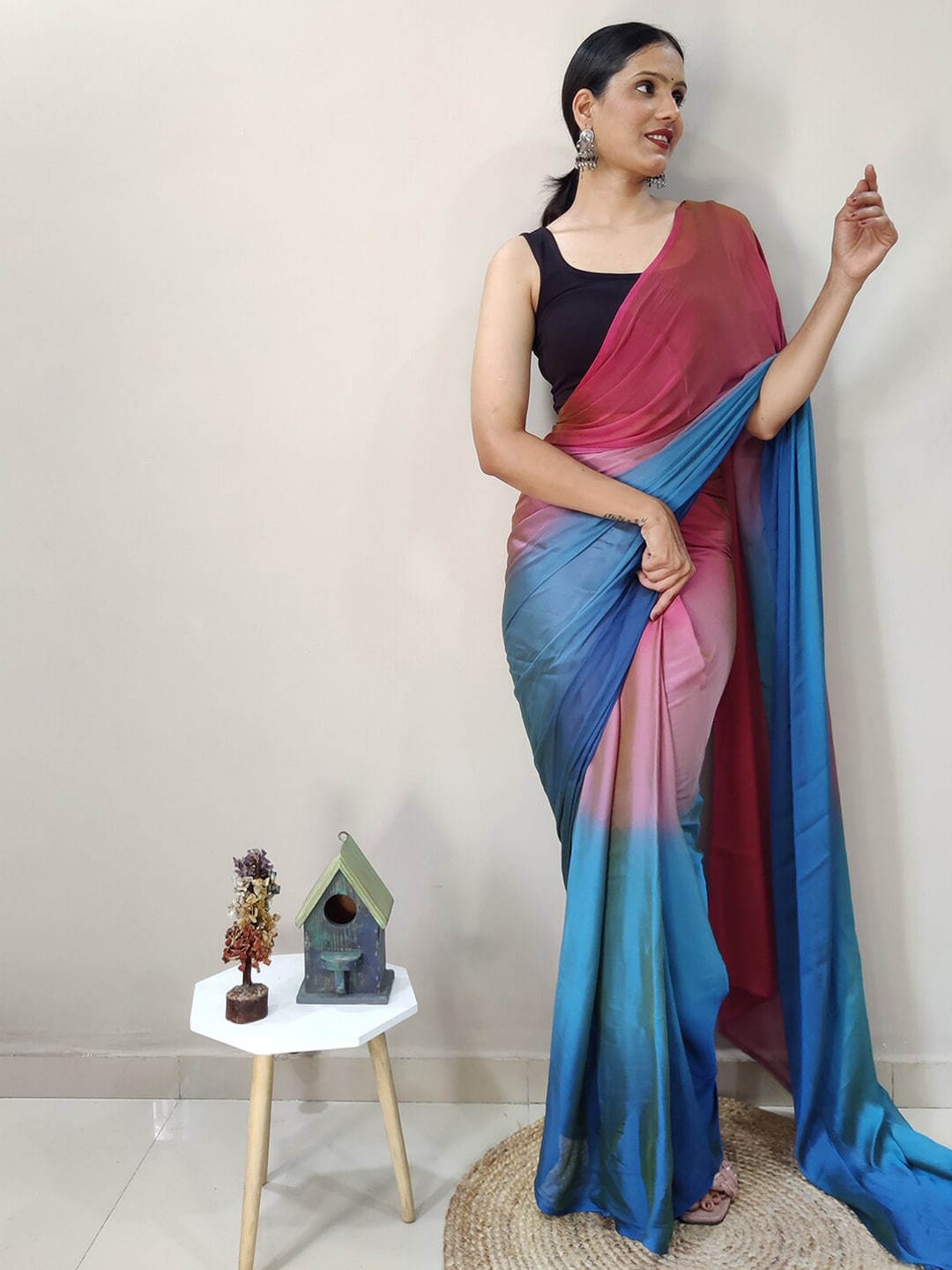 Mitera Pink & Blue Ombre Ready To Wear Saree - Distacart
