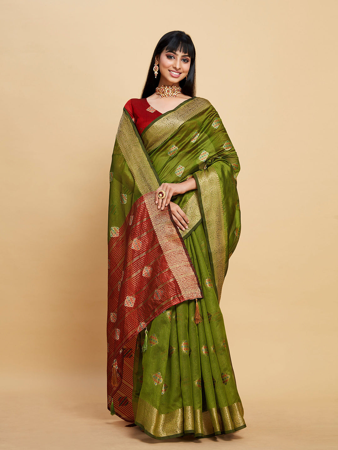 Sangria Green Ethnic Motifs Woven Design Zari Organza Saree - Distacart
