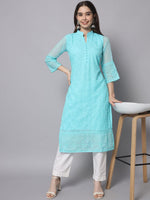 Thumbnail for HERE&NOW Women Blue Ethnic Motifs Embroidered Thread Work Georgette Kurta - Distacart