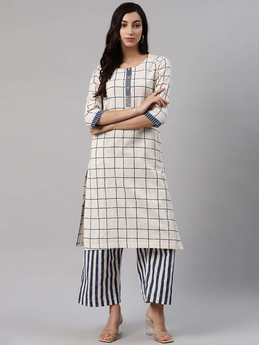 Biba Women Off-White & Navy Blue Checked Kurta with Palazzos - Distacart