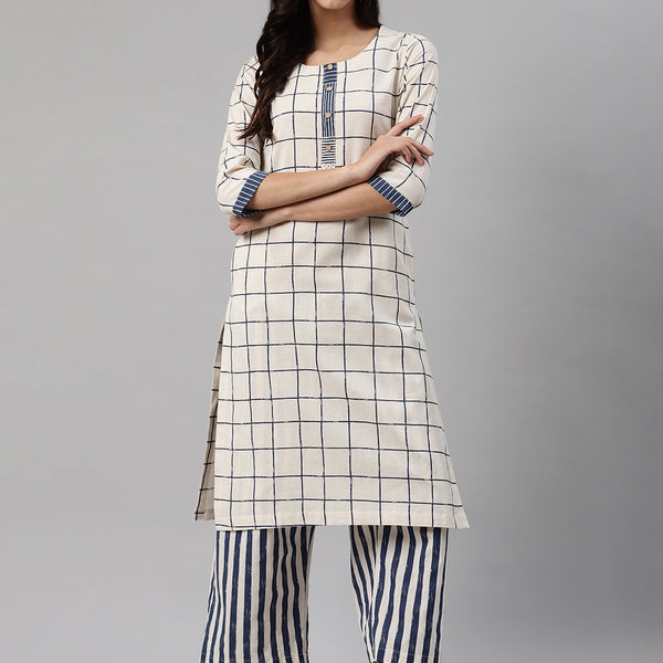 Biba Women Off-White & Navy Blue Checked Kurta with Palazzos - Distacart
