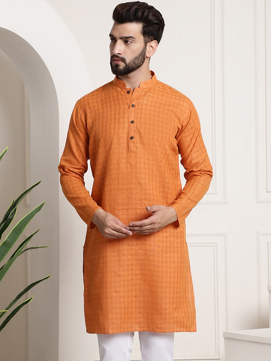 Sojanya Men Orange Dobby Self-Checked Straight Kurta - Distacart