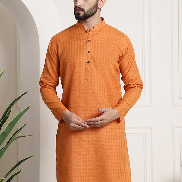 Sojanya Men Orange Dobby Self-Checked Straight Kurta - Distacart