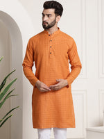 Thumbnail for Sojanya Men Orange Dobby Self-Checked Straight Kurta - Distacart