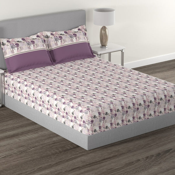 MYTRIDENT Mauve White Floral Cotton 144 TC Queen Bedsheet With 2 Pillow Covers - Distacart