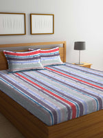 Thumbnail for BOMBAY DYEING Red & Blue Striped Cotton 120 TC King Bedsheet with 2 Pillow Covers - Distacart