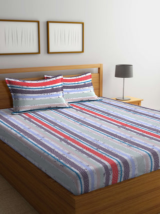 BOMBAY DYEING Red & Blue Striped Cotton 120 TC King Bedsheet with 2 Pillow Covers - Distacart