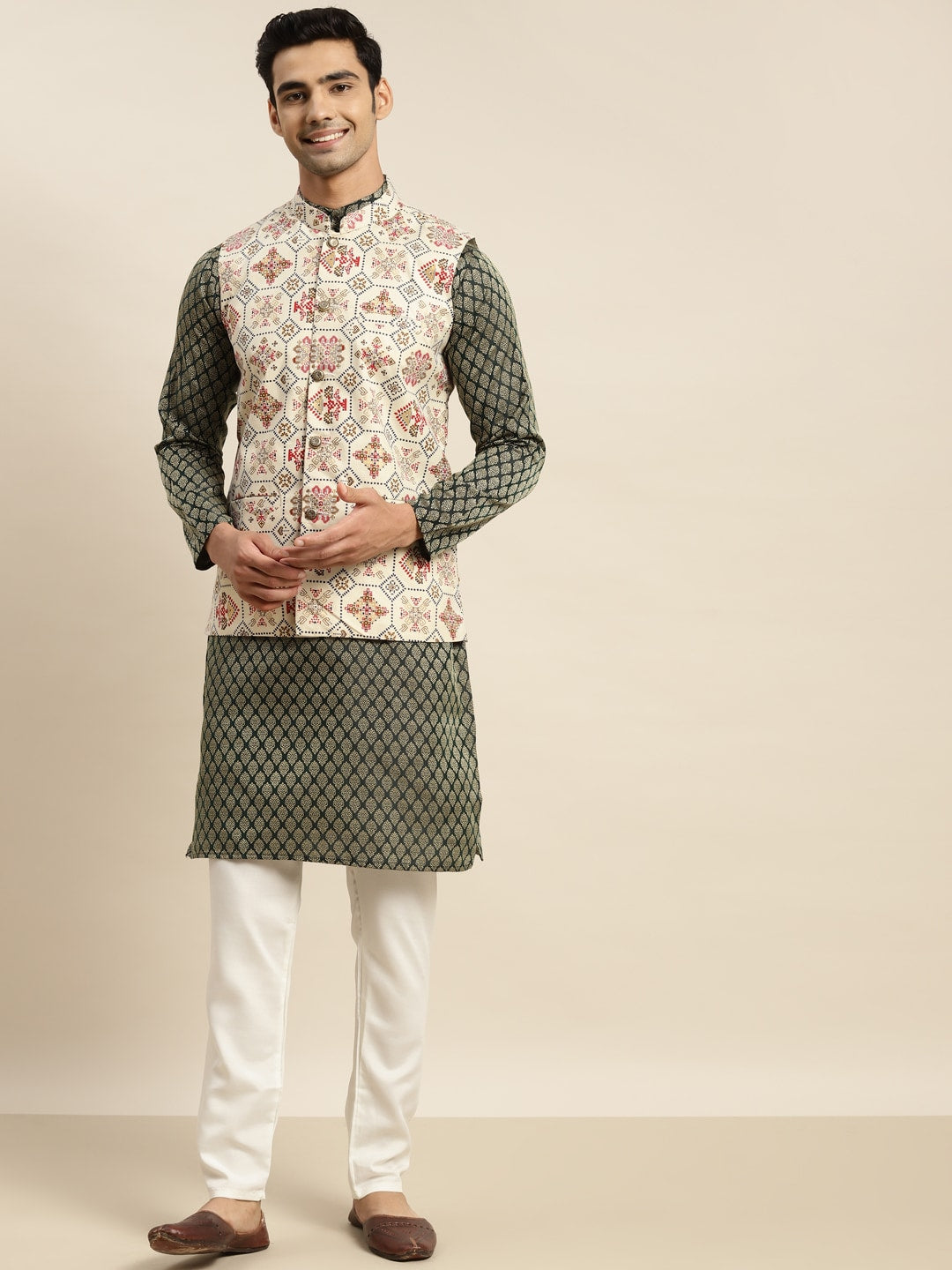 Sojanya Men Green Ethnic Motifs Kurta with Churidar & Nehru Jacket - Distacart