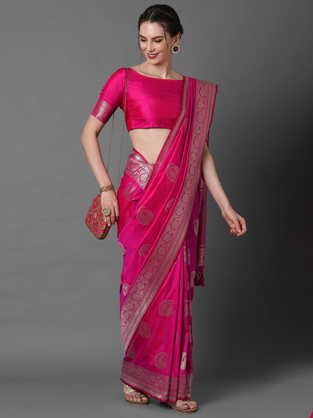 Mitera Pink & Silver-Toned Paisley Zari Silk Blend Banarasi Saree - Distacart