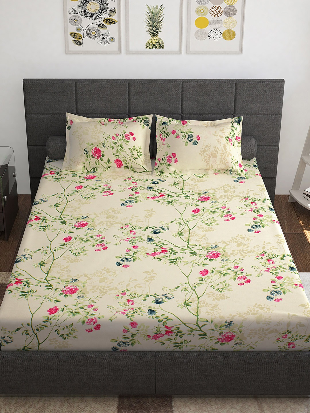 Story@home Ventura Cream & Green Floral 152 TC Cotton Queen Bedsheet with 2 Pillow Covers - Distacart