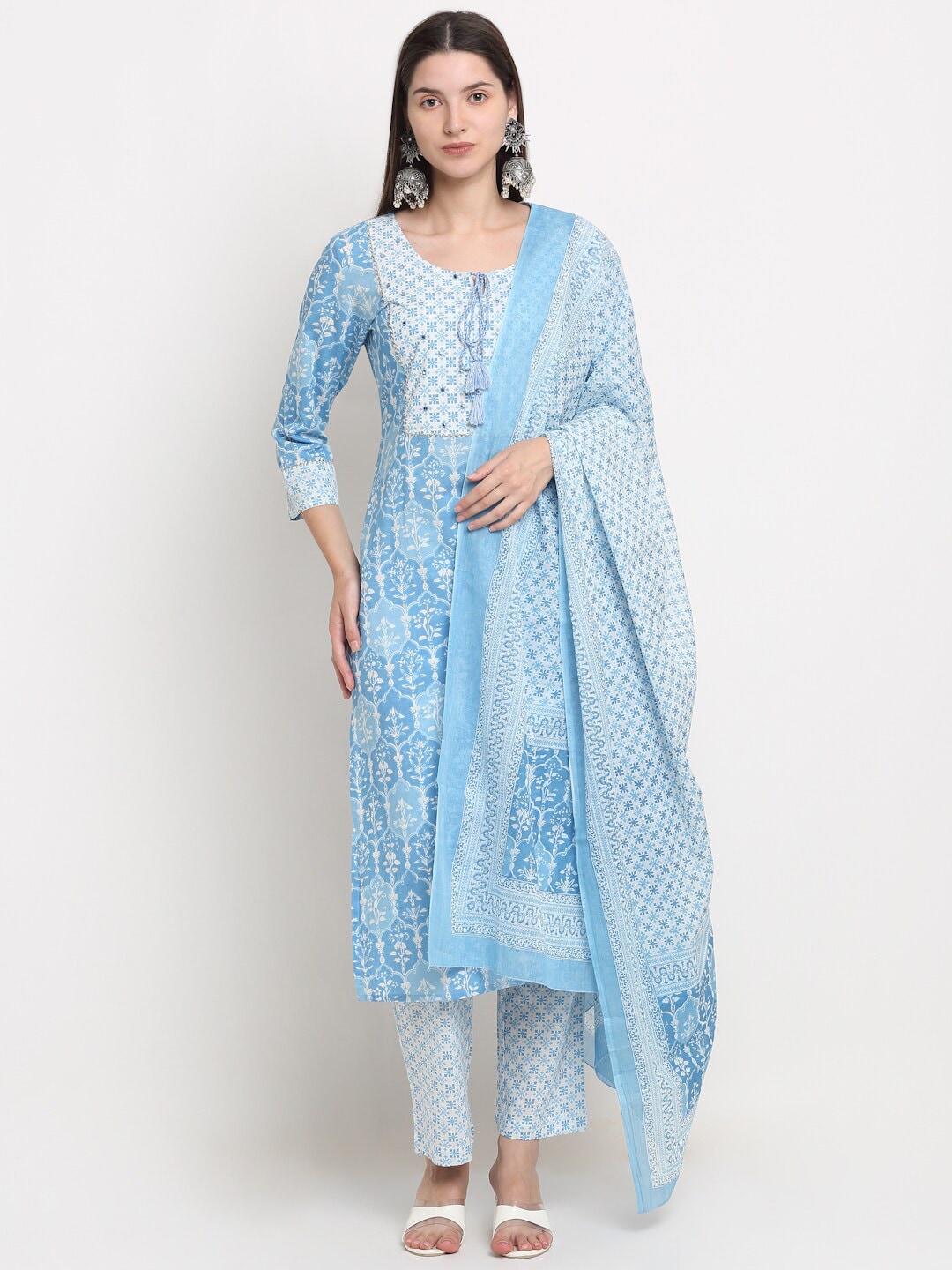 Kalini Women Turquoise Blue Ethnic Motifs Printed Mirror Work Pure Cotton Kurta with Trousers & With Dupatta - Distacart
