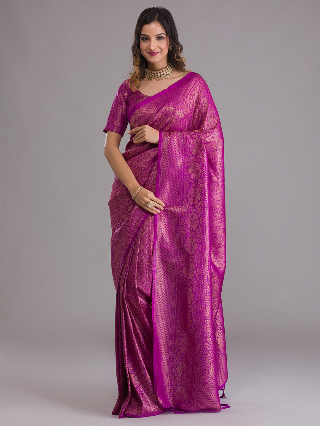 Koskii Purple & Gold-Toned Woven Design Zari Saree - Distacart
