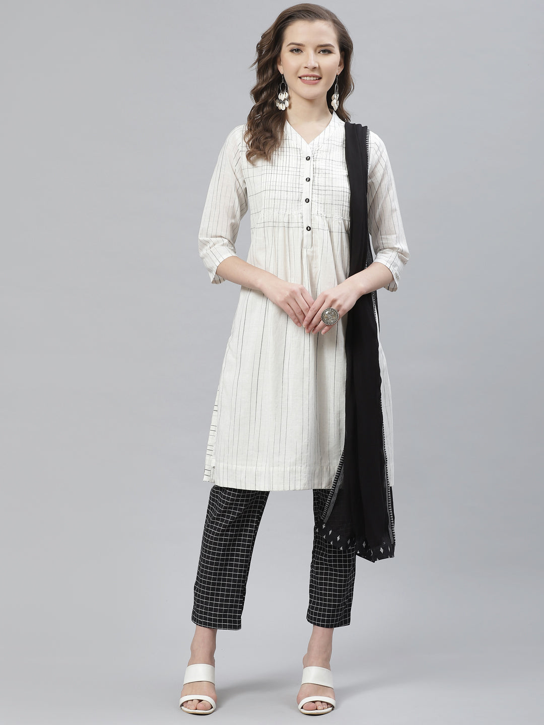 Biba Women White & Black Striped Kurta with Trousers & Dupatta - Distacart