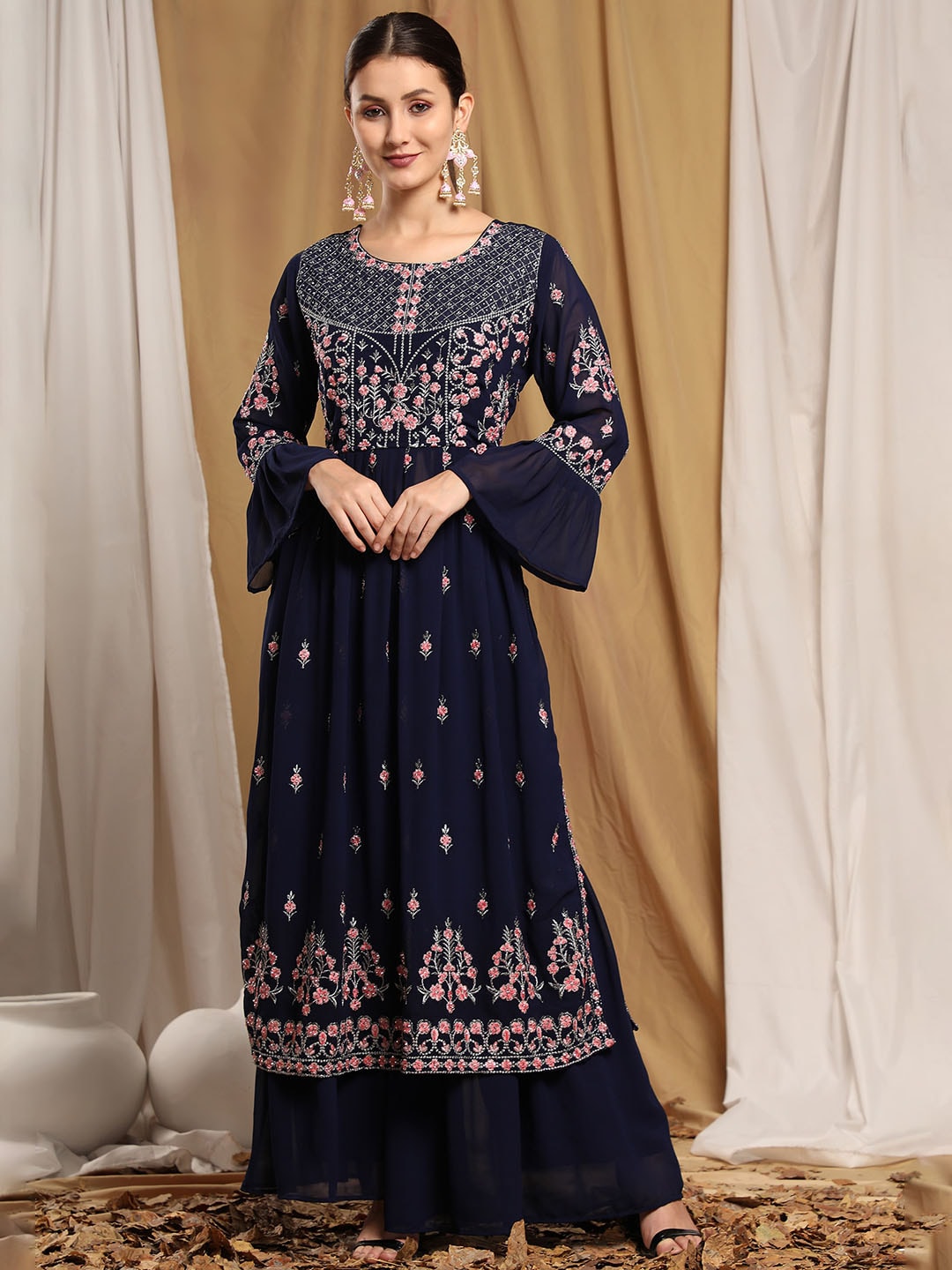 Kalini Floral Embroidered Kurta With Sharara - Distacart