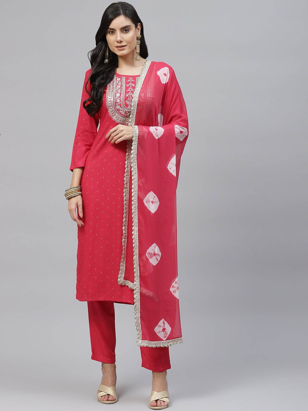 HERE&NOW Women Red Embroidered Kurta with Trousers & With Dupatta - Distacart