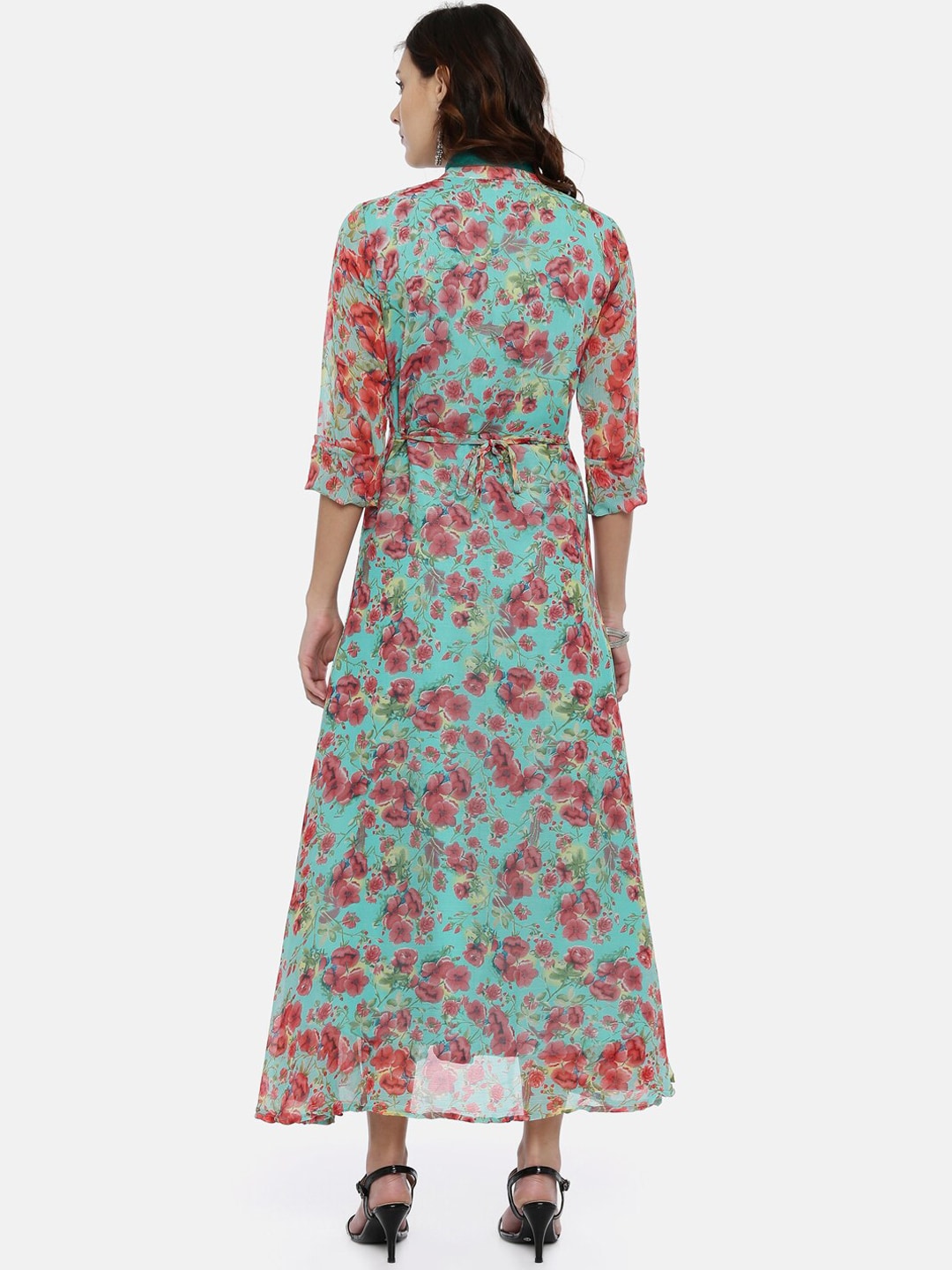 Souchii Turquoise Blue & Pink Floral Print Ethnic Maxi Dress - Distacart