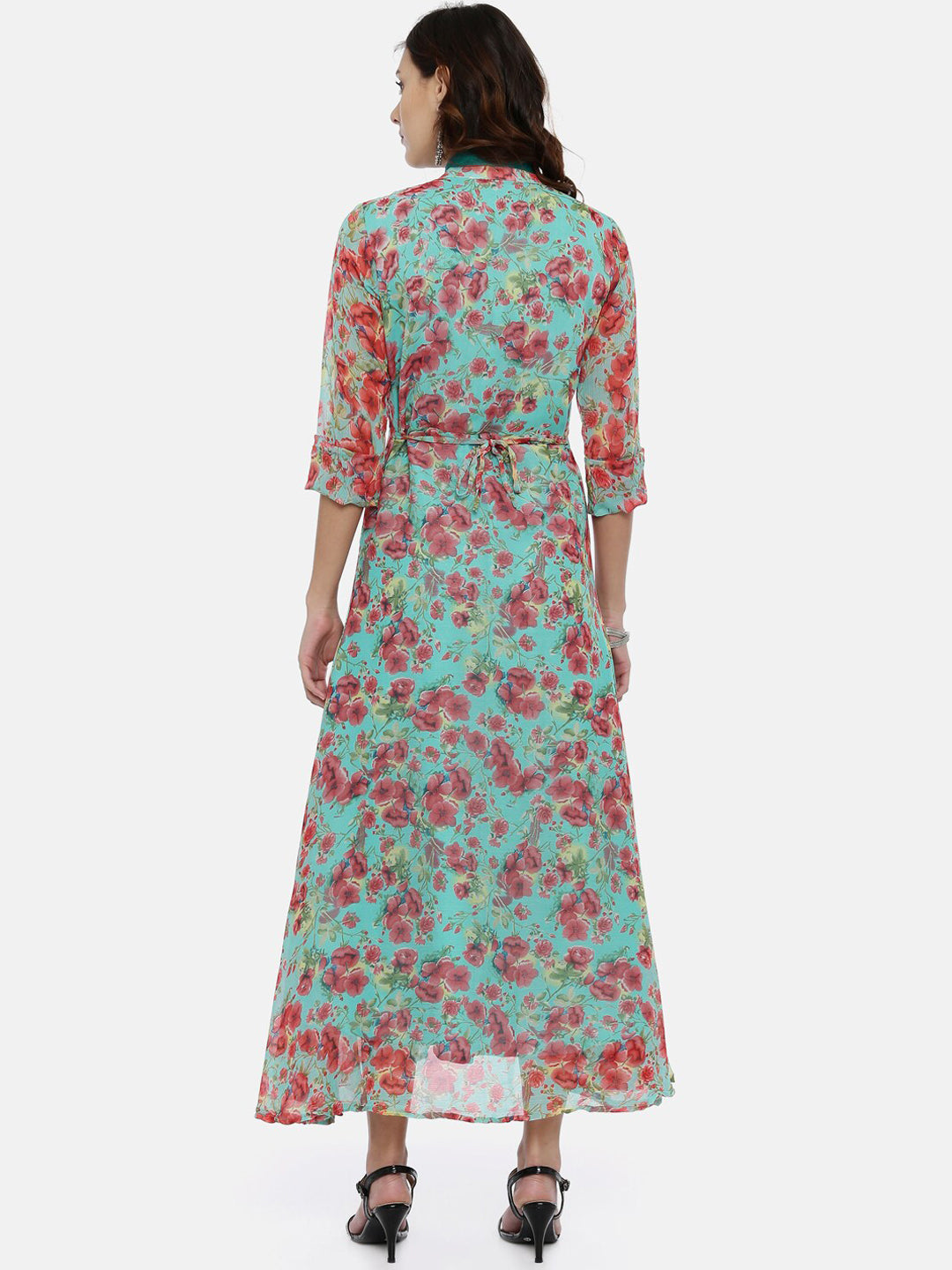 Souchii Women Turquoise Blue & Pink Floral Print Ethnic Maxi Dress - Distacart