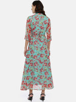 Thumbnail for Souchii Women Turquoise Blue & Pink Floral Print Ethnic Maxi Dress - Distacart