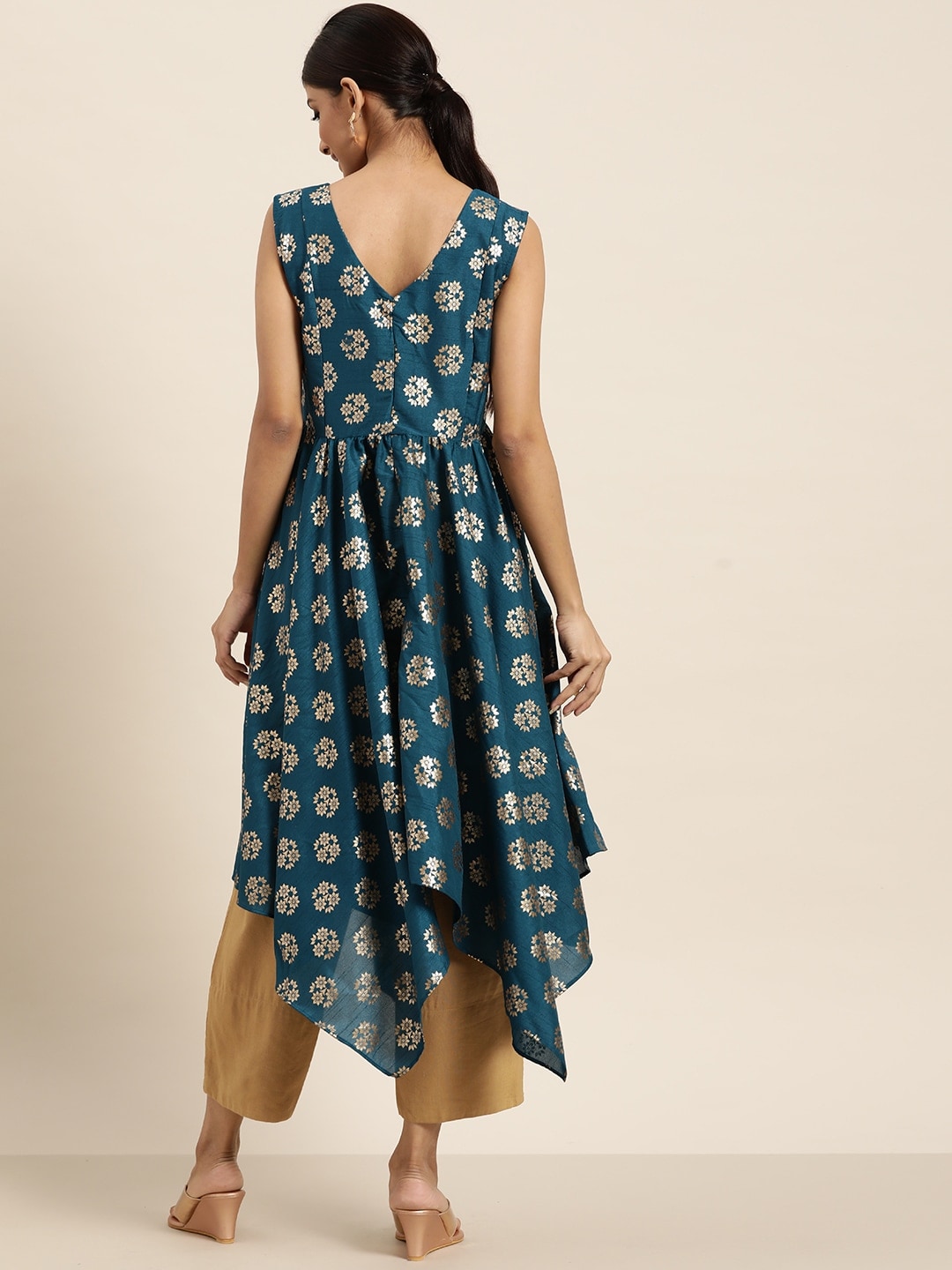 Sangria Women Teal Blue & Golden Ethnic Motifs Printed A-Line Kurta - Distacart