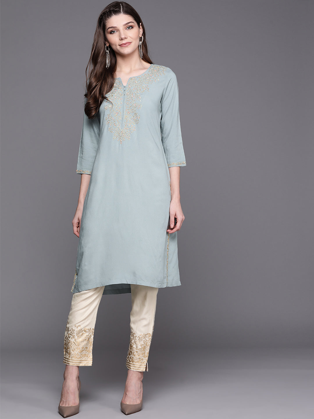 Biba Women Blue & Cream-Coloured Yoke Design Kurta with Trousers - Distacart