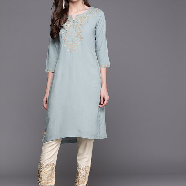 Biba Women Blue & Cream-Coloured Yoke Design Kurta with Trousers - Distacart