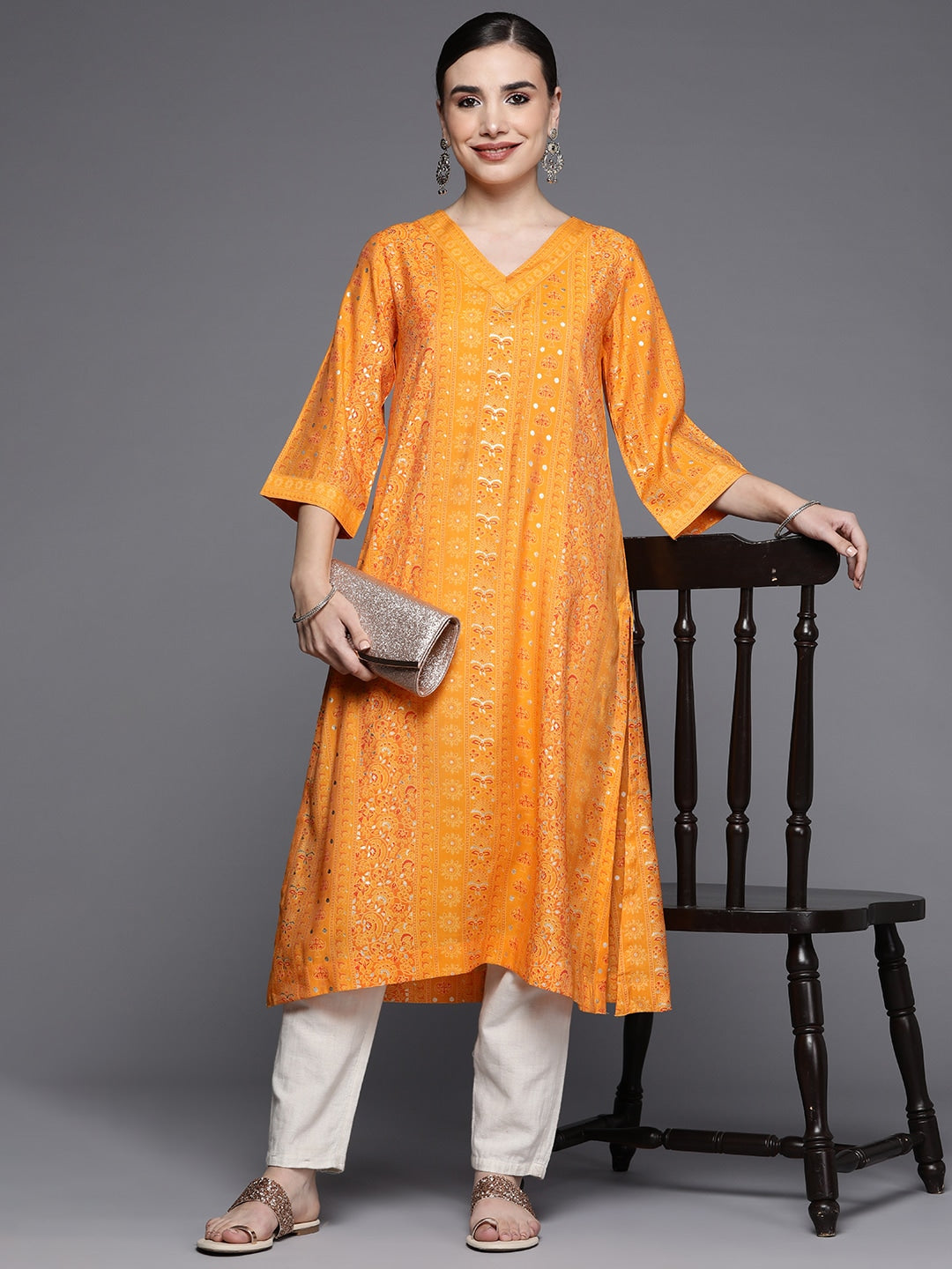 Biba Women Mustard Yellow & White Ethnic Motifs Printed Kurta - Distacart