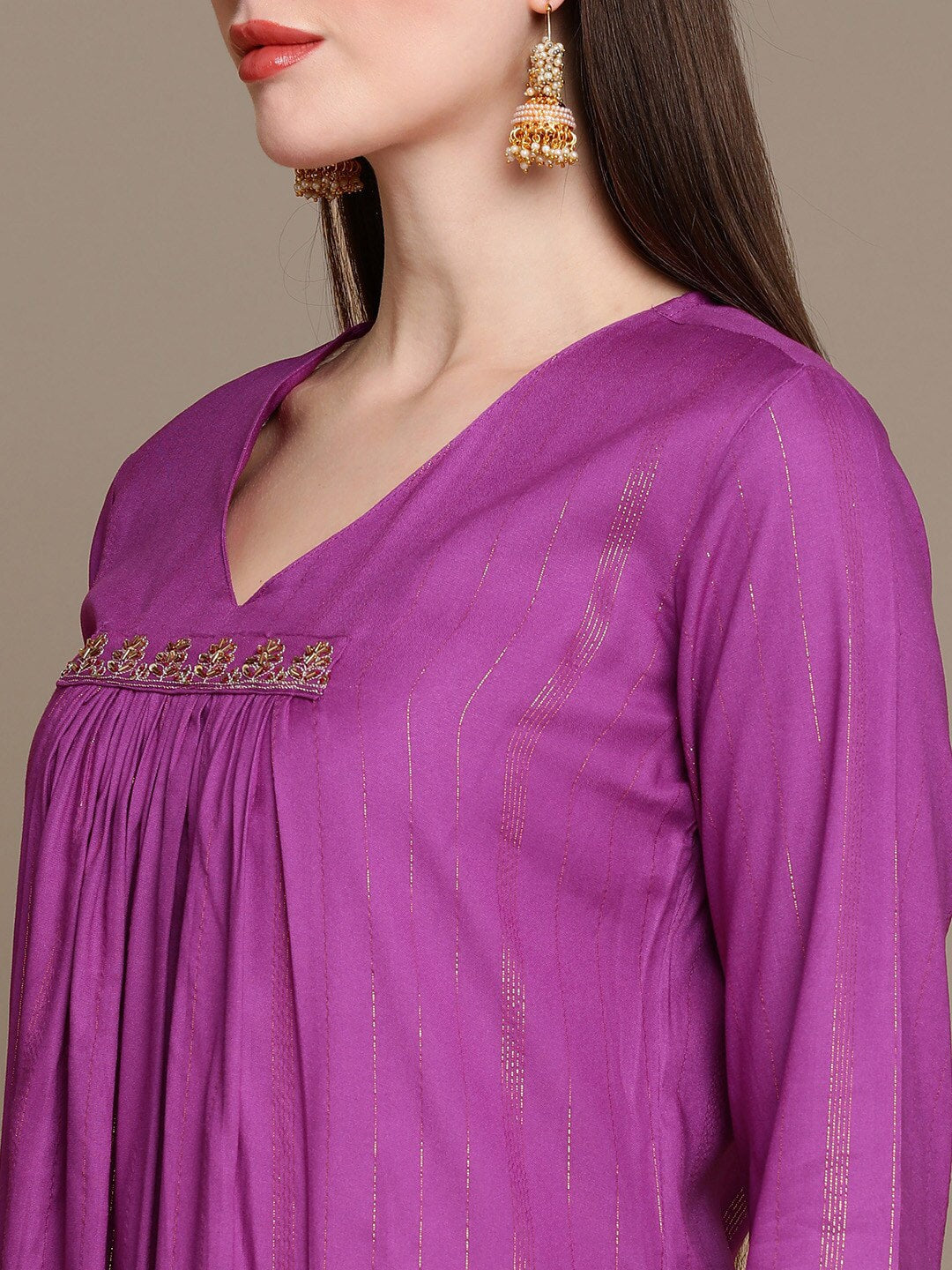 HERE&NOW Striped Zari Pleated A-Line Kurta with Palazzos - Distacart