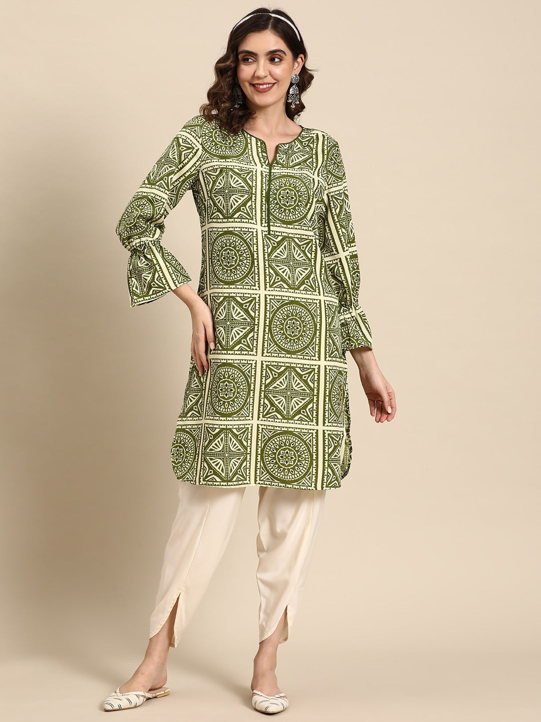 Sangria Ethnic Motifs Printed Puff Sleeves Kurta with Dhoti Pants - Distacart