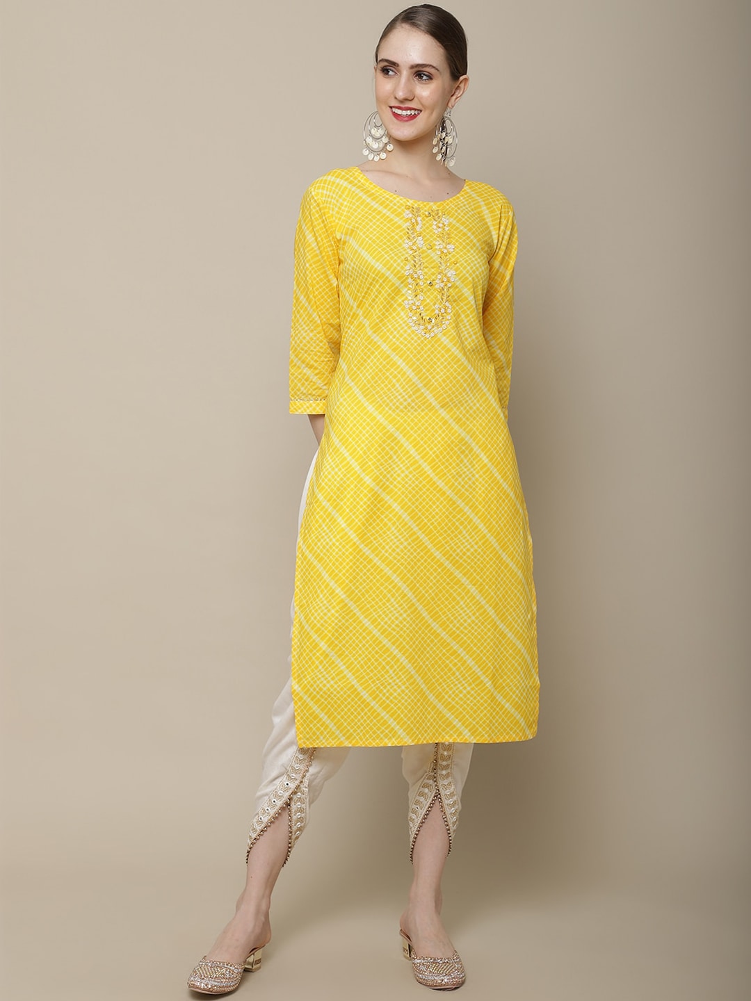 Sangria Women Yellow & White Embellished Cotton Straight Kurta - Distacart