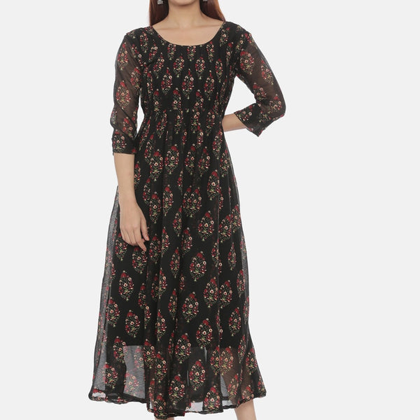 Souchii Women Black Printed Fit and Flare Dress - Distacart
