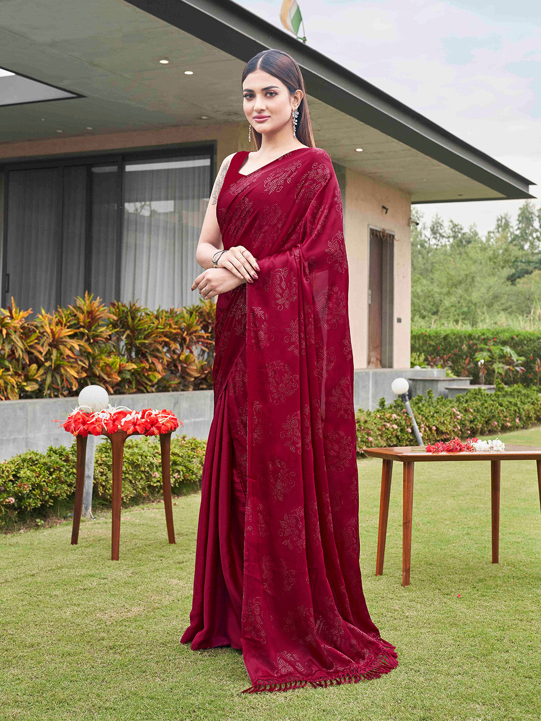 Tikhi Imli Embellished Half and half Satin Saree With Tassels - Distacart