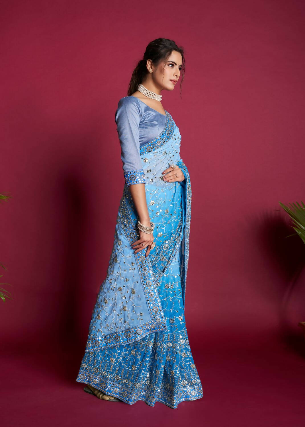 Vamsee Blue & White Georgette Designer Saree - Distacart