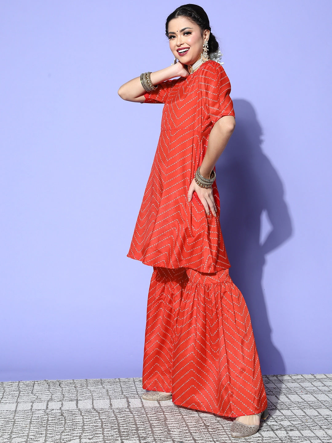 HERE&NOW Women Bandhani Polyester Fusion Bottom Kurta Set - Distacart