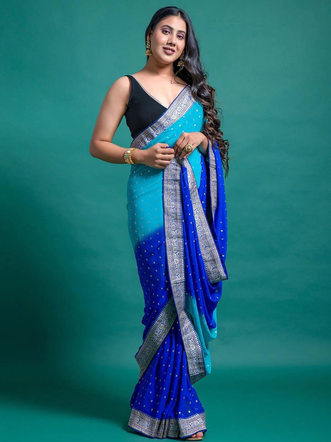 Mitera Blue & Gold-Toned Ethnic Motifs Pure Georgette Half and Half Block Print Saree - Distacart