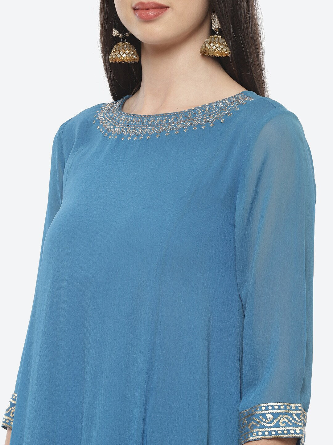 Biba Women Blue & Gold-Coloured Pleated Thread Work Kurta with Dhoti Pants & Dupatta - Distacart