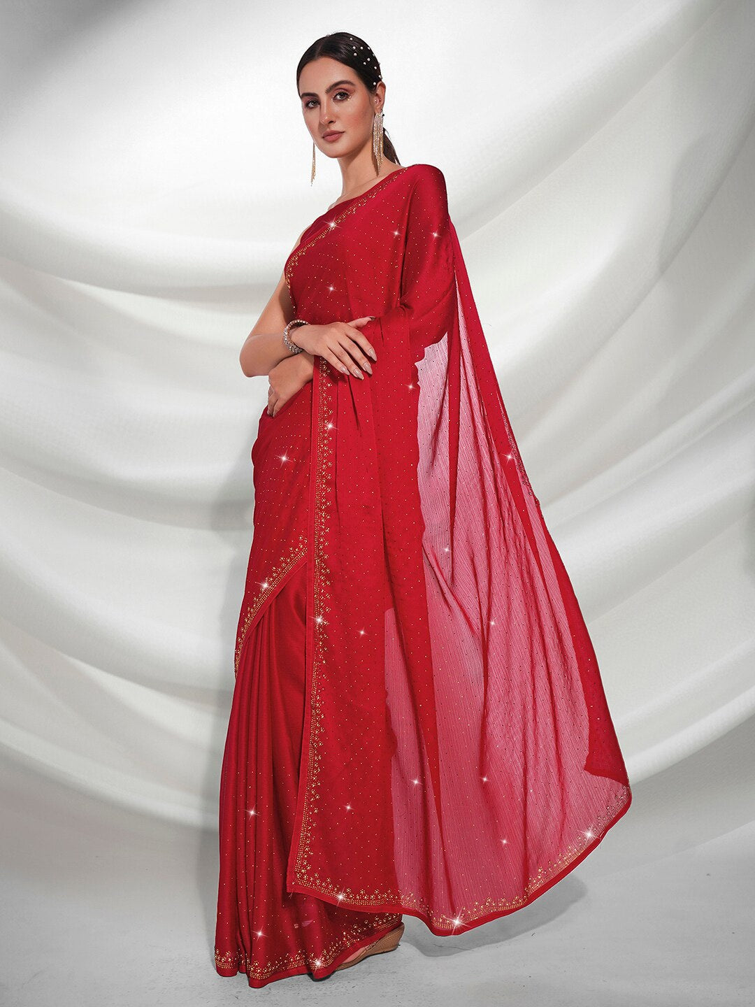 Mitera Red Embellished Beads and Stones Satin Saree - Distacart
