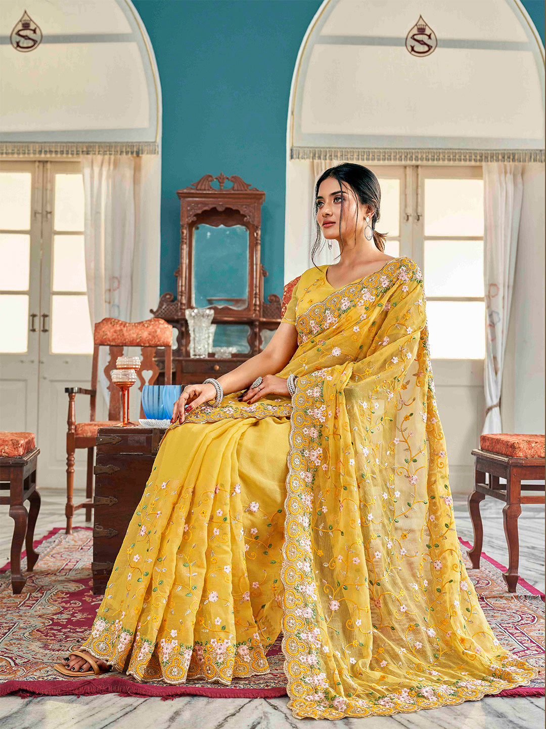 Tikhi Imli Yellow Ethnic Motifs Beads and Stones Embroidered Saree - Distacart
