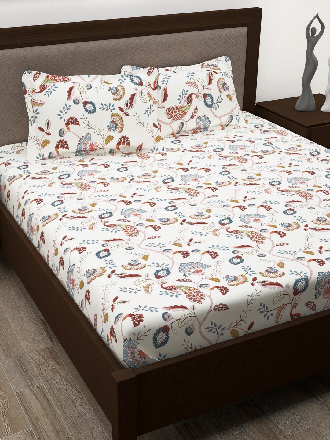 Story@home White & Yellow Ethnic Motifs Cotton 186 TC Queen Bedsheet With 2 Pillow Covers - Distacart